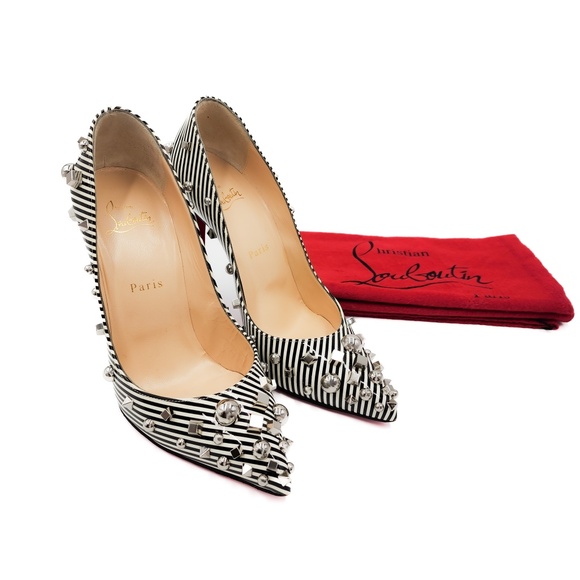 Christian Louboutin Black White Striped Patent Leather Studded Heels EU 38.5 - Picture 1 of 8